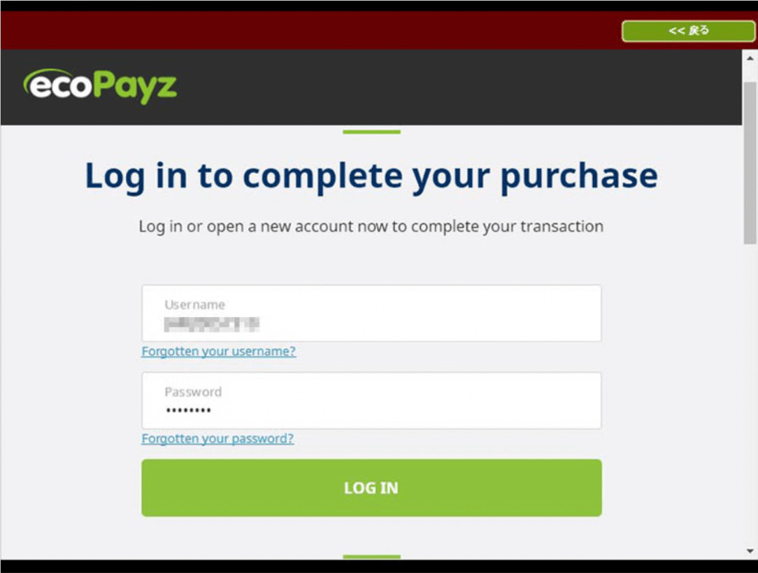 ecoPayz登録の「ユーザー名｣と「パスワード」を入力して「ログイン」をクリック
